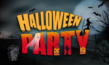 Mezar taşları ile mezarlık üzerinde Cadılar Bayramı arka plan dolunay. Kelime Halloween parti örümcek ağı ve genç cadı, balkabağı ve hayalet, zombi, el ile. Vektör