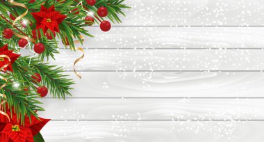 Poinsettia, köknar ağacı, holly çilek ve dekoratif altın kurdeleler ile Noel süslemeleri. Hafif ahşap arka plan üzerinde Xmas için tasarım elemanı. Vektör