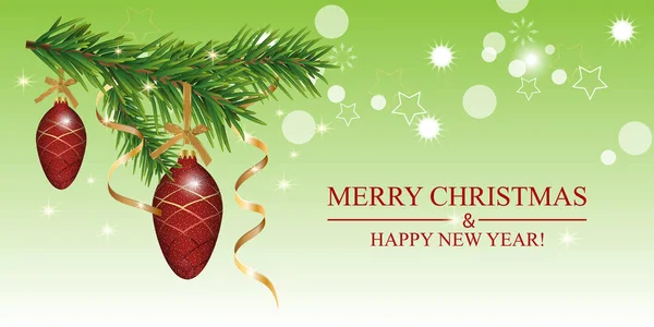 Fondo navideño con ramas de abeto, conos de bolas rojas y cintas doradas. Banner o cartel de Navidad verde. Decoración de año nuevo. Vector — Vector de stock