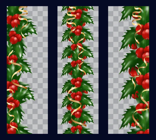 Ställ Christmas Holly bär vertikala gränsen med gyllene band på transparent bakgrund. Xmas eller Nyårsdekorationer. Vektor — Stock vektor