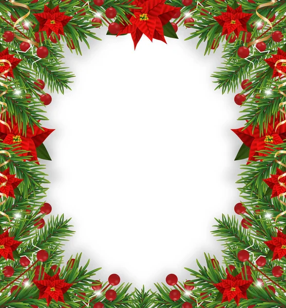 Decoraciones de marco de Navidad con poinsettia, abeto, bayas de acebo y cintas de oro decorativas. Elemento de diseño para Navidad aislado sobre fondo blanco. Vector — Vector de stock