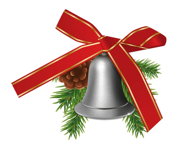 Cloche de Noël en argent avec branches de sapin, cône et ruban papillon rouge isolé sur fond blanc. Éléments de Noël ou Nouvel An pour le design. Vecteur — Image vectorielle