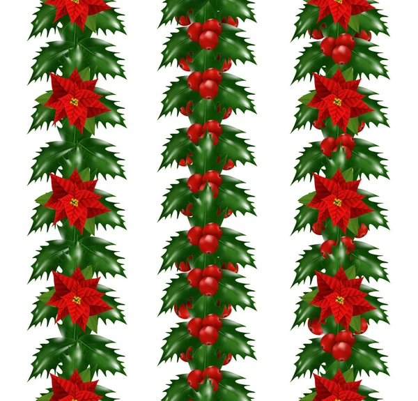 Zestaw Christmas Holly jagody i Christmas poinsettia kwiat gwiazda pionowe granice izolowane na białym tle. Dekoracje świąteczne. Wektor — Wektor stockowy
