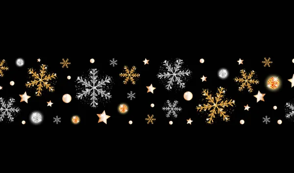 Julgränsen, gott nytt år. Remsor guld och silver snöflingor, stjärnor och ljusa bollar på svart bakgrund. Juldekoration. Vektor — Stock vektor