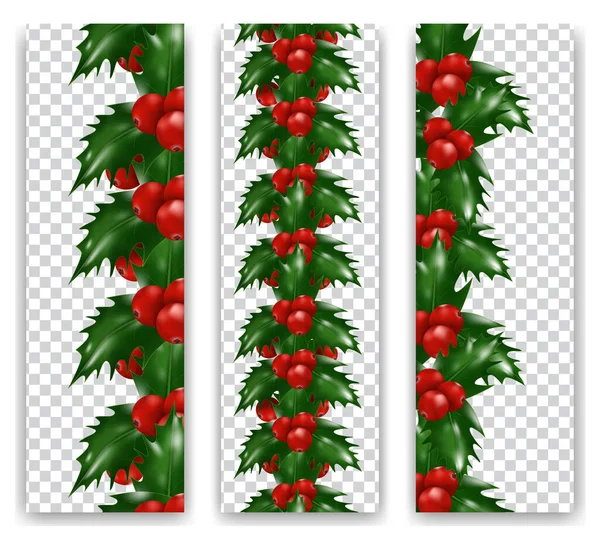 Set de bayas navideñas Holly borde vertical sobre fondo transparente. Navidad o decoraciones de Año Nuevo. Vector — Vector de stock