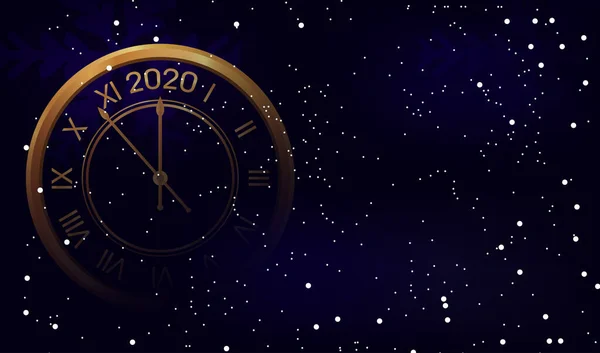 Feliz Año Nuevo 2020 y fondos de Navidad con reloj de oro transparente. Banner de Navidad con nieve cayendo. Vector — Vector de stock