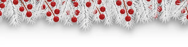 Decoraciones de Navidad frontera con ramas blancas de abeto y bayas de acebo. Elemento de diseño para Navidad y feliz Año Nuevo. Vector — Archivo Imágenes Vectoriales
