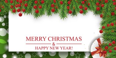 Noel arkaplanı köknar dalları, kutsal meyveler ve hediye kutusuyla süslenmiş. Xmas için tasarım elemanı ve mutlu yıllar. Vektör
