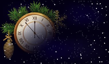 Altın saat, Noel ağacı süslemeleri ve düşen karla mutlu yıllar ve Noel arkaplanı. Xmas bayrağı. Vektör