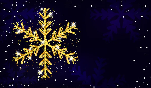 Jul och nyår marinblå bakgrund med gyllene snöflinga. Juldekoration. Mall för gratulationskort, banner eller affisch. Vektor — Stock vektor
