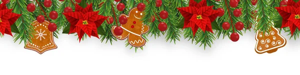 Decorações de borda de Natal com ramos de abeto, poinsettia, bagas de azevinho, biscoitos de gengibre e fitas douradas. Elemento de design para Xmas isolado no fundo branco. Vetor — Vetor de Stock