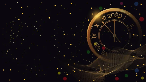 Feliz Año Nuevo 2020 y Navidad brillan fondo negro con reloj de oro. Cartel de celebración de invierno. Banner de Navidad brillante. Vector — Vector de stock