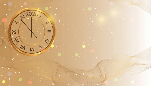 Cartel de oro brillante Año Nuevo 2020 con reloj de oro. Fondo de Navidad ligero. Celebración de invierno. Banner de Navidad brillante. Vector — Archivo Imágenes Vectoriales