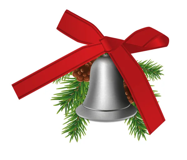 Cloche de Noël en argent avec branches de sapin, cône et ruban papillon isolés sur fond blanc. Éléments de Noël ou Nouvel An pour le design. Vecteur — Image vectorielle