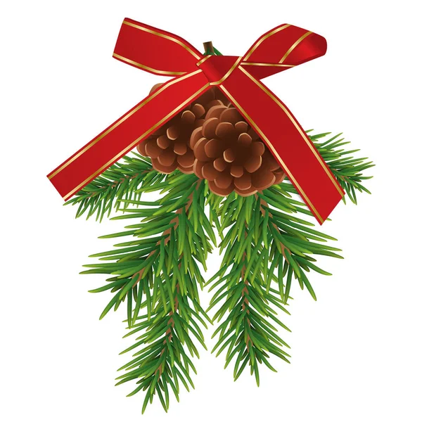 Fir branches and brown pine cones with red ribbon bow isolated on white background. Christmas and New year decoration. Vector — Stock Vector