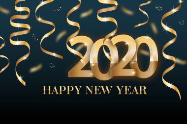 Koyu arkaplanlı altın kurdeleli 2020 numara posteri. Bir el ilanı, satış, broşürler, sunumlar, parti vesaire için mutlu yıllar lüks dinamik tasarım unsurları. Vektör