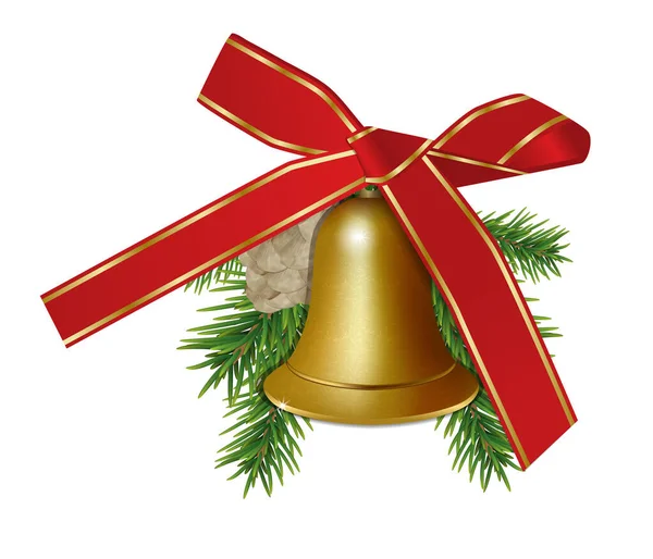 Cloche dorée avec branches de sapin, cône et ruban papillon rouge isolé sur fond blanc. Éléments de Noël ou Nouvel An pour le design. Vecteur — Image vectorielle