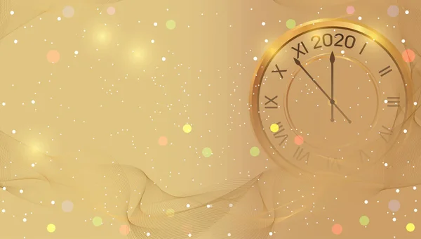 Cartel de oro brillante Año Nuevo 2020 con reloj de oro. Plantilla de fondo de Navidad ligera. Banner de Navidad brillante. Celebración de invierno. Vector — Vector de stock