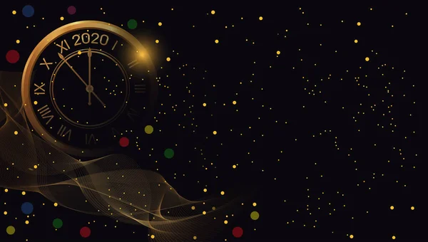 Feliz Año Nuevo 2020 y Navidad brillan fondo negro con reloj de oro. Banner de Navidad brillante. Vector — Vector de stock