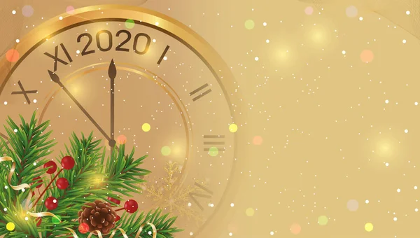 Navidad o Año Nuevo 2020 luces de fondo con reloj de oro, ramas árbol de Navidad, cono, cinta y bayas de acebo. Plantilla de Navidad de oro. Vector — Vector de stock