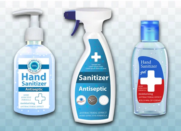 Packaging Antiseptic Hands Surfaces Transparent Background Set Spray Dispenser Bottles — Stock Vector