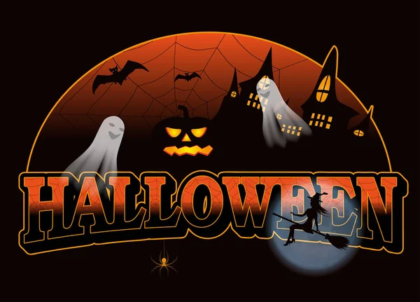 Halloween Dekoration Hintergrund Mit Burg Kürbis Fledermäusen Und Gespenst Junger — Stockvektor