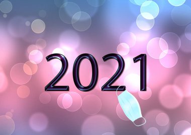 Bokeh arka planında yüz maskesi olan mutlu 2021 'ler.