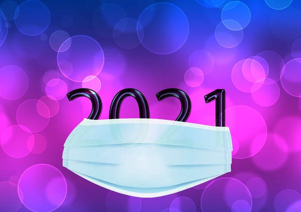 Happy New 2021 Bedekt Met Het Gezichtsmasker Bokeh Achtergrond — Stockfoto