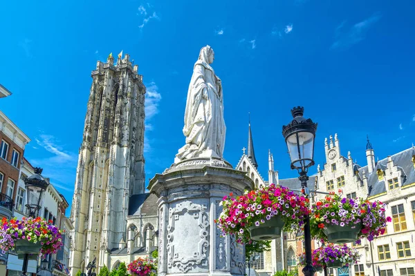 Mechelen Flandern Belgien Staty Margaretha Österrike Och Tornet Katedralen Saint — Stockfoto