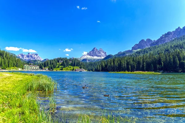 Tre Cime Lavaredo Pohled Jezera Misurina Regionu Dolomity Itálie Létě — Stock fotografie