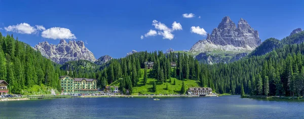 Panorama Vista Tre Cime Lavaredo Lago Misurina Dolomitas Itália Verão — Fotografia de Stock