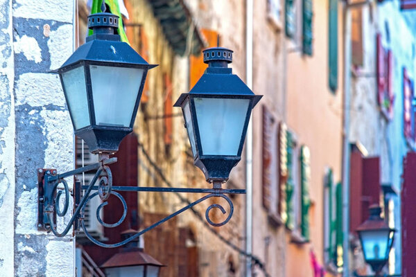 Street lantern detail in old town Rovinj, Istria, Croatia
