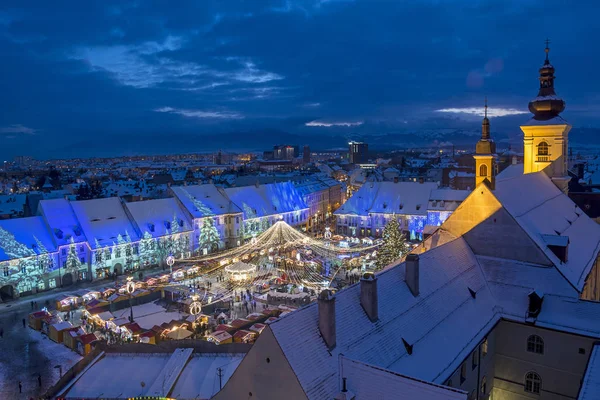 Christmas Market Decoration Lights Sibiu Main Square Transylvania Romania — Stock Photo, Image