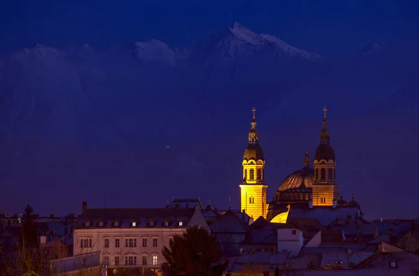 Panoramę Miasta Sibiu Siedmiogrodzie Rumunii Zimie Karpat Tle — Zdjęcie stockowe