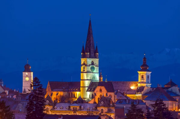 Panoramę Miasta Sibiu Siedmiogrodzie Rumunii Zimie Karpat Tle — Zdjęcie stockowe