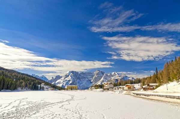 Paisagem Inverno Dolomitas Misurina Lago Congelado Itália — Fotografia de Stock