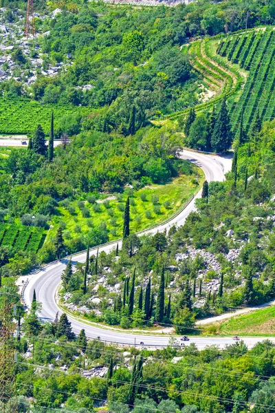 トレンティーノ農村風景、イタリアの曲がりくねった道、航空写真 — ストック写真