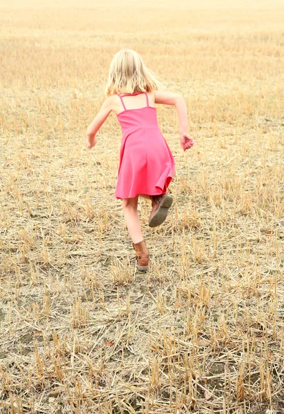 Ngiliz Kırsalında Bir Cornfiled Çalışan Pembe Elbise Giyen Kız Essex — Stok fotoğraf