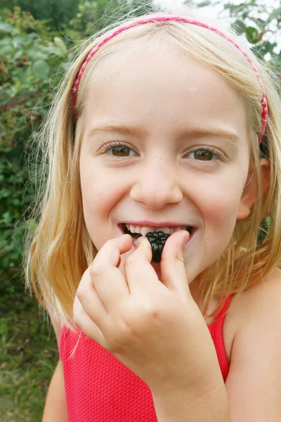 穿粉红色衣服的年轻女孩采摘和吃野生黑莓 — 图库照片