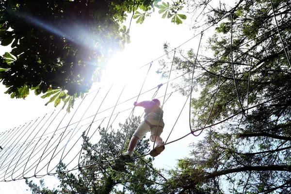 Silhouette Boy Climbing Taking Challenge High Ropes Obstacle Challenge Course — Stock Photo, Image