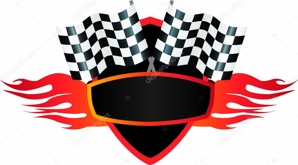 motorsports flame and flag logo shield