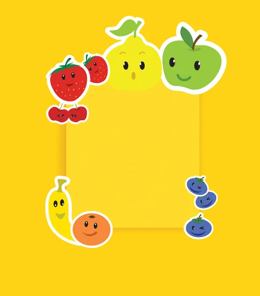 卡通矢量Kawaii可爱有趣的水果 海报上的人物黄色背景与复制空间 — 图库矢量图片