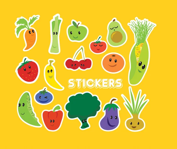 Sticker Set Icons Fruit Vegetables Kawaii Japanese Style Editable — Stock Vector