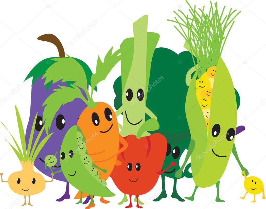 Cartoon vector kawaii cute and funny veg, characters isolated on white background