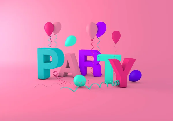 Renderizar Concepto Palabra Partido Cortado Sobre Fondo Rosa Con Globos —  Fotos de Stock