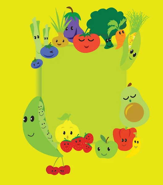 Cartoon Vector Kawaii Cute Funny Fruits Veg Characters Poster Green — Stock Vector