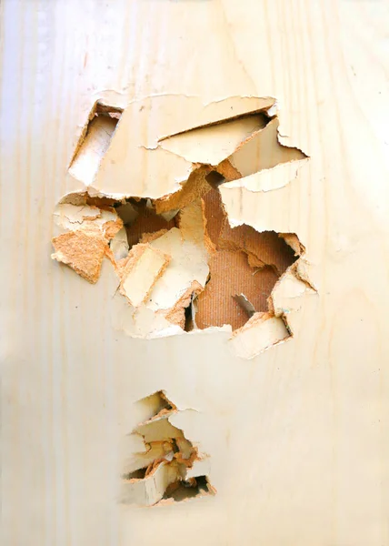 Punched Hit Hole Wooden Wall Pine Veneer — Stock Photo, Image