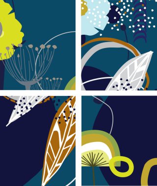 Geçmişe dönük soyut çiçek tabanlı İskandinav soyut sanat koleksiyonu farklı çiçek ve soyut elementler 1970 'leri anımsatıyor..