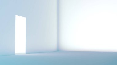 Mimari tabanlı parlak bir ışığın üç boyutlu yansıması bir sürü boş alan ve kopyalama alanı olan beyaz bir odada parlıyor.