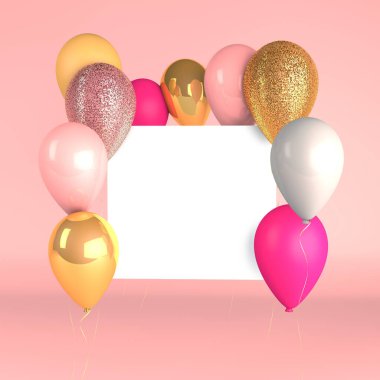 Çevrimiçi veya çevrimdışı kullanıma açık pembe, gümüş, altın ve beyaz metalik ve parıltılı parti balonlarının 3D görüntüsü